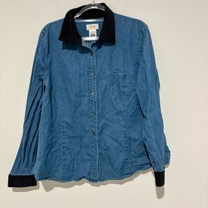 TALBOTS DENIM BUTTON UP SHIRT FAUX SUEDE VELVET COLLAR BLACK BLUE SIZE XL